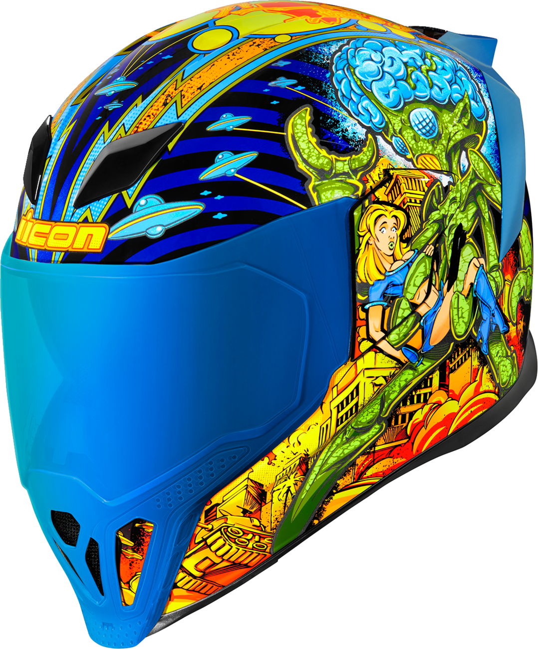 Blue ICON Airflite™ helmet in Bugoid Blitz design, XS size, featuring a sleek aerodynamic shape and bold graphics.