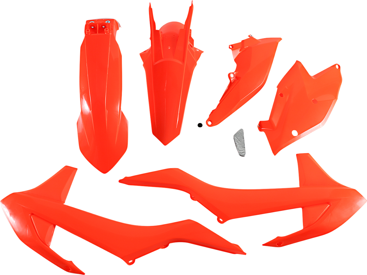 Acerbis fluorescent orange standard replacement body kit for motocross bikes, featuring sleek design and durable construction.