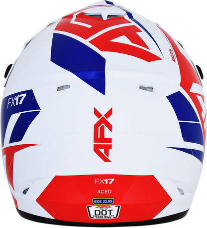 Red, white, and blue AFX FX-17 motorcycle helmet in medium size with sleek design and clear visor.