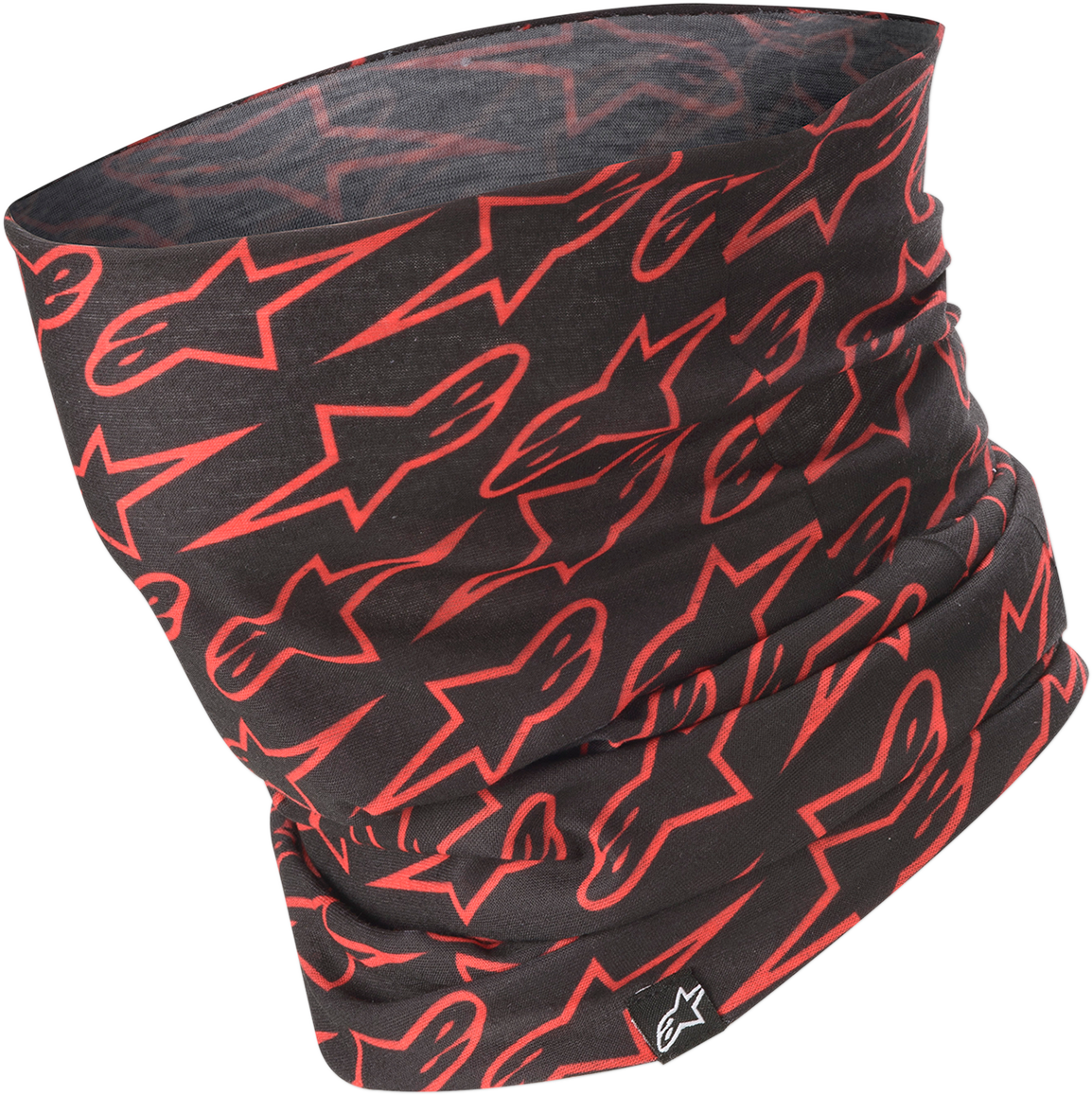 Red Alpinstars neck tube made of stretchy fabric, displayed flat with a close-up view of the material and stitching details.