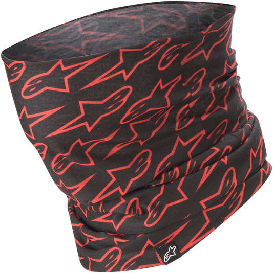 Red Alpinstars neck tube made of stretchy fabric, displayed flat with a close-up view of the material and stitching details.