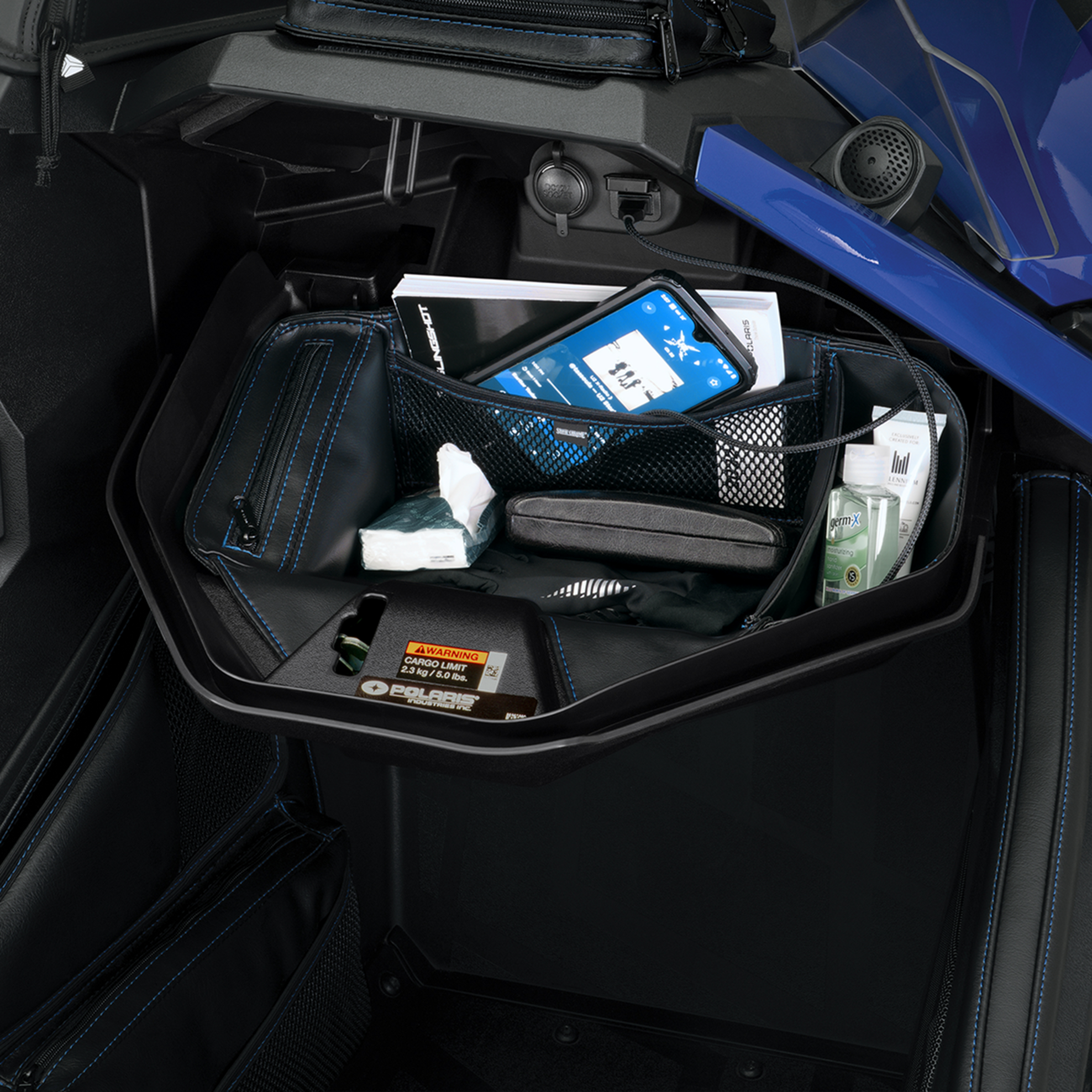 Blue SHOW CHROME glove box engine organizer by Bill's Exhausts, featuring compartments for vehicle storage.