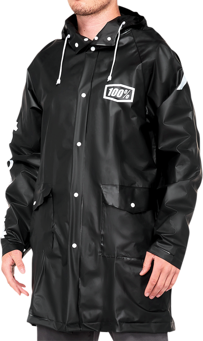 Black Torrent Raincoat by Bill's Exhausts, small size, lightweight waterproof jacket with a hood, suitable for rainy weather.