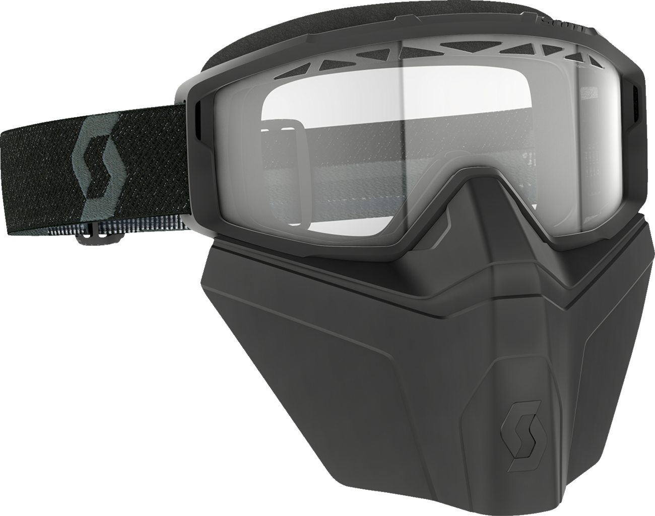 Scott Primal Snow Goggles with Safari Facemask in black and clear lenses, designed for winter sports protection and visibility.