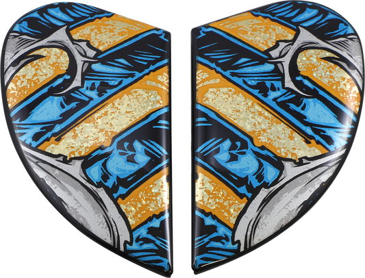 Gold ICON Airform™ Side Plates featuring Pharaoh design for helmets, showcasing detailed artwork and vibrant gold finish.