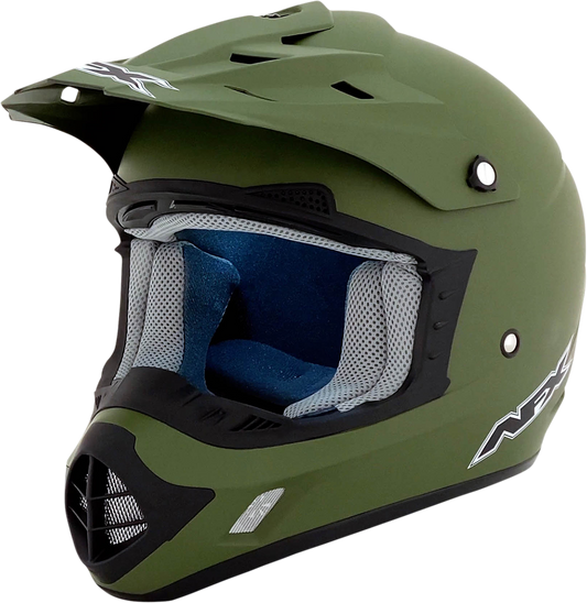 Bill's Exhausts AFX FX-17 helmet in flat olive drab, XL size, with matte finish and adjustable straps.
