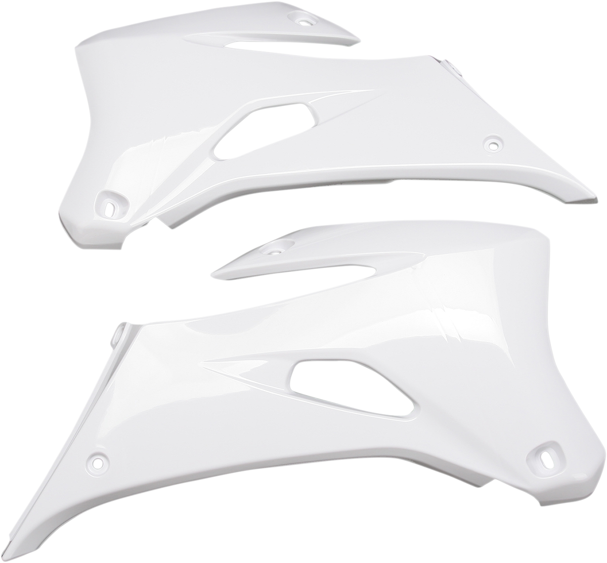 White Acerbis radiator shrouds for motorcycle body protection, featuring sleek design and durable construction.