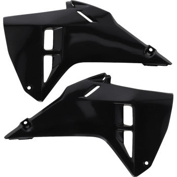 Black ACERBIS radiator louvers for CRF 250R and 450R motorcycles, designed to protect and improve cooling performance.
