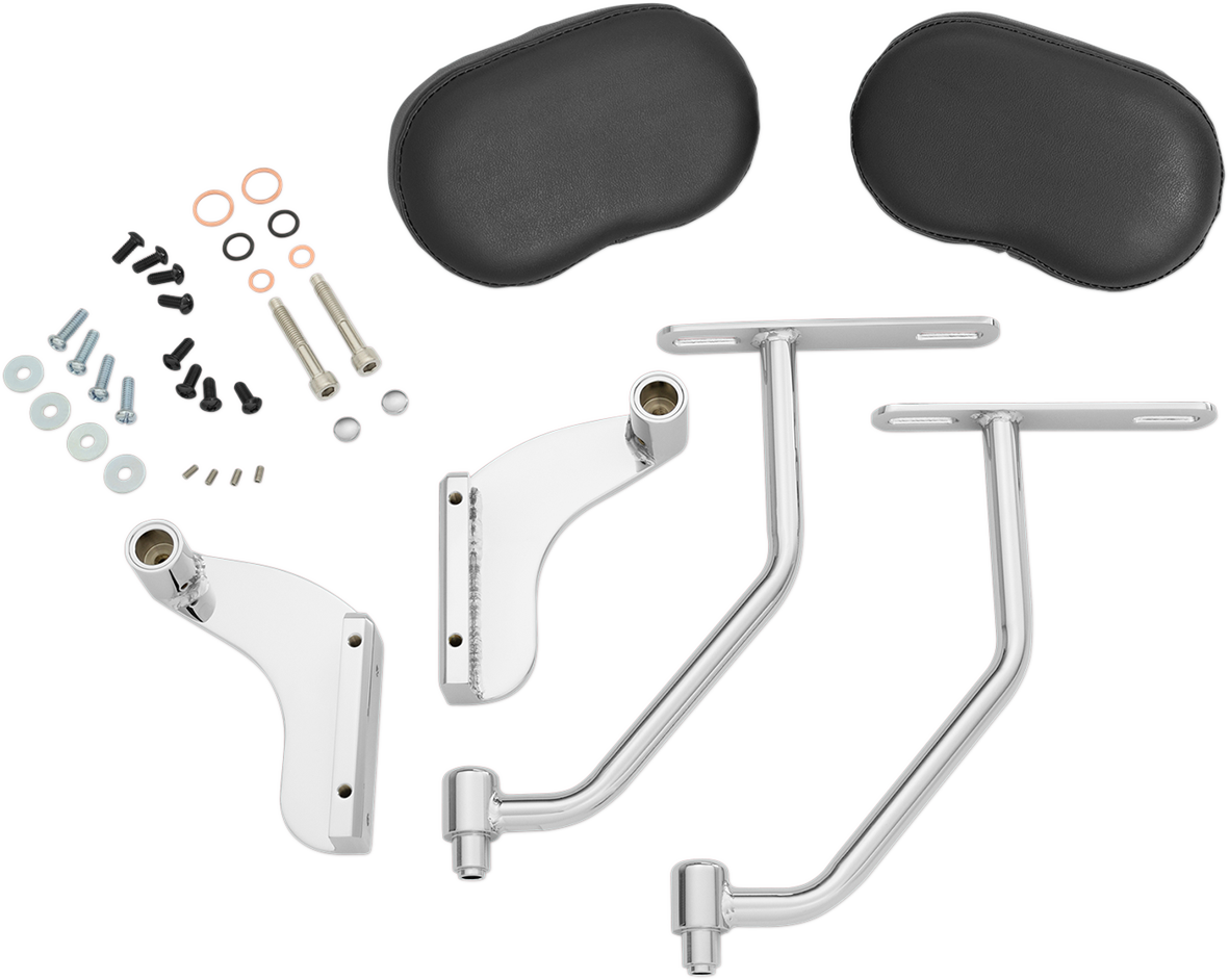 Chrome deluxe passenger armrest for Honda GL1800 motorcycle, shows polished chrome finish and mounting details.