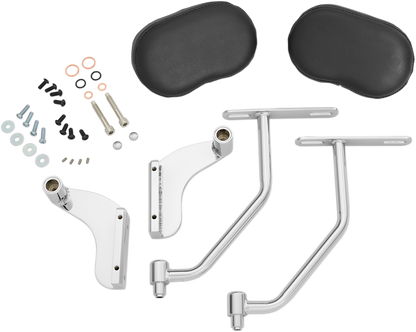 Chrome deluxe passenger armrest for Honda GL1800 motorcycle, shows polished chrome finish and mounting details.