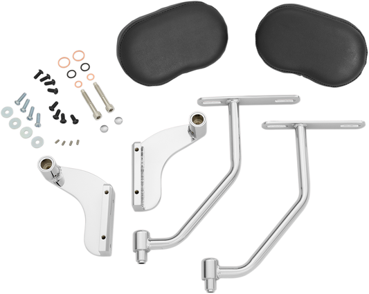 Chrome deluxe passenger armrest for Honda GL1800 motorcycle, shows polished chrome finish and mounting details.
