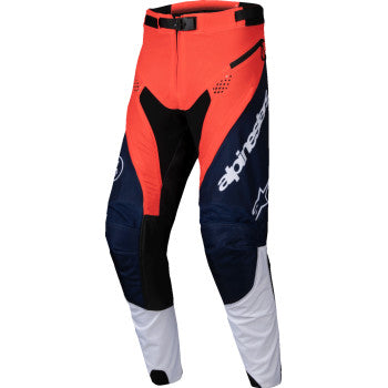 Alpinestars Pro-Dura Pants in navy, hot orange, and white, featuring durable motorcycle riding pants with reinforced knees and stylish design.