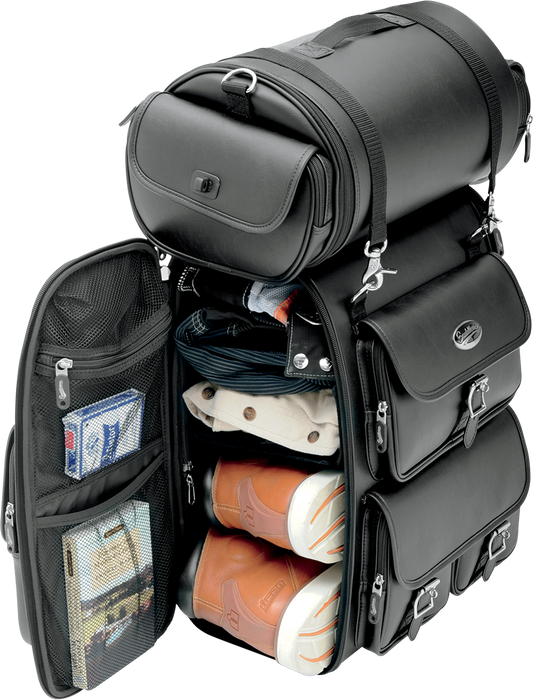Bill's Exhausts Saddlemens Sissy Bar Bag Drifter 3515-0096 mounted on motorcycle seat, showing durable storage bag with straps.