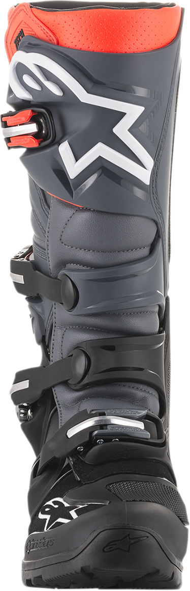 Alpinestars Tech 7 Enduro motorcycle boots in black and gray, US size 14, with sturdy design and protective features.