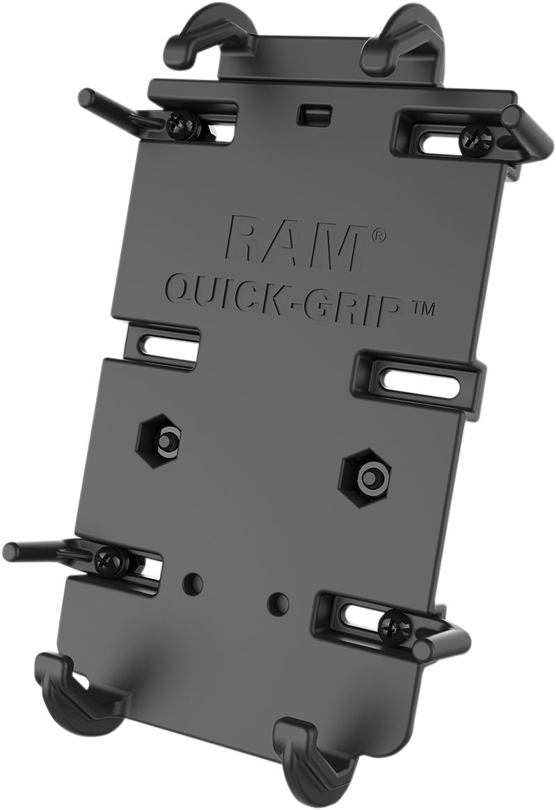 RAM MOUNTS Phone Holder XL Quick Grip ball mount for engine, designed by Bill's Exhausts, shown attached to motorcycle engine.