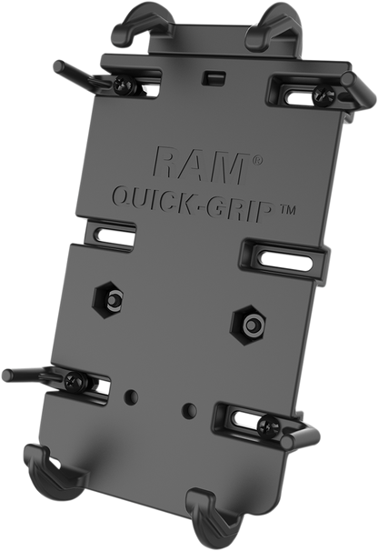 RAM MOUNTS Phone Holder XL Quick Grip ball mount for engine, designed by Bill's Exhausts, shown attached to motorcycle engine.