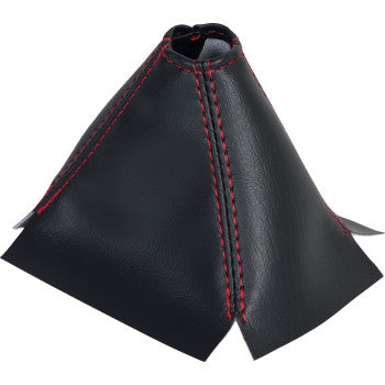 Red SHOW CHROME Shifter Boot for Slingshot motorcycle, made by Bill's Exhausts, with detailed stitching and durable leather appearance.