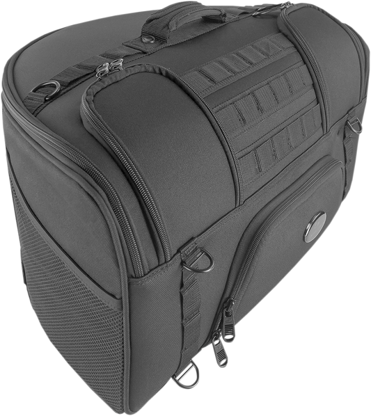 Bill's Exhausts SADDLEMEN Tactical Backrest Bag 3501-1576 attached to motorcycle seat, durable black tactical design for storage.