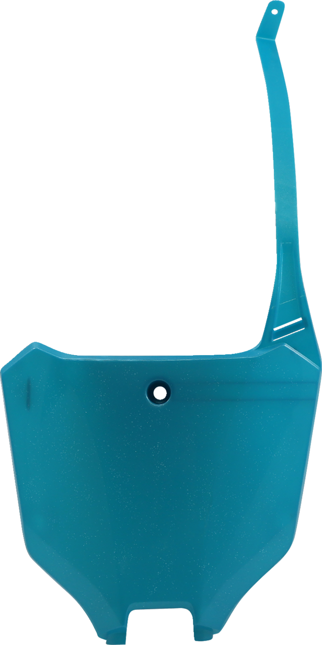 Teal ACERBIS front number plate mounted on a motorcycle body, featuring sleek design and brand logo.