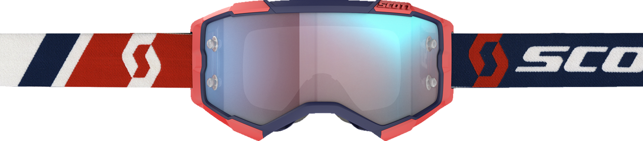 Bill's Exhausts SCOTT Fury Goggle in red and blue with black frame, featuring adjustable strap and clear lens for motocross riding.