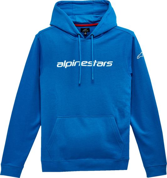 Alpinestars Linear Hoodie in blue and white, large size, featuring the Alpinestars logo, casual fit, front pocket, and hood.