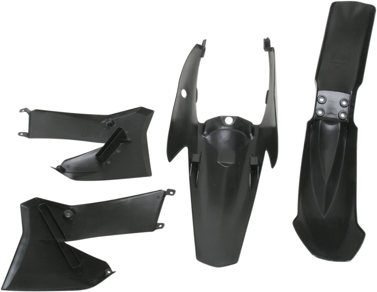 A black Acerbis standard replacement body kit for motorcycle, featuring sleek panels and a durable plastic construction.