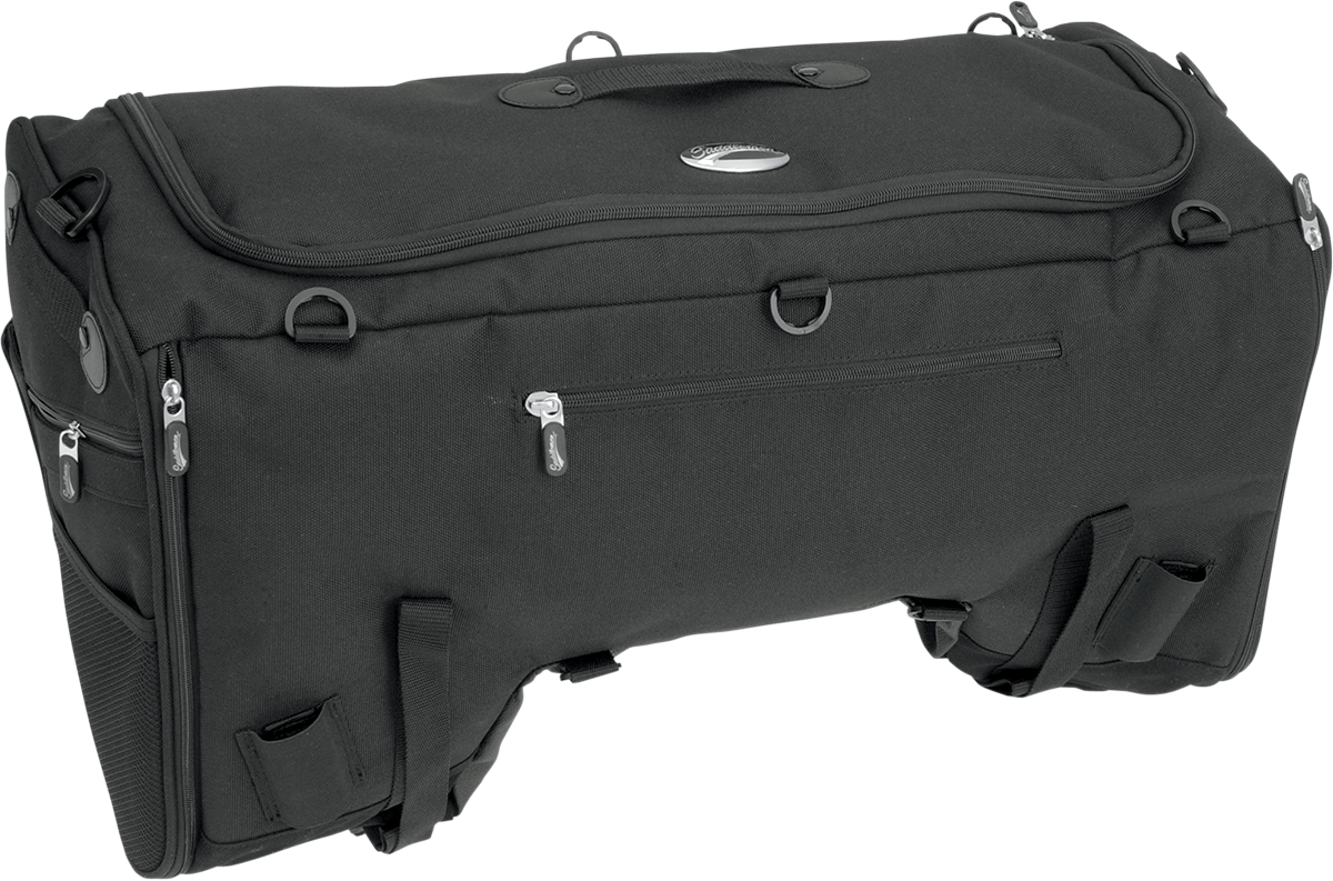 Saddlemens TS3200 Deluxe Sport Tail Bag mounted on motorcycle seat with straps and reflective accents, designed for travel and storage.