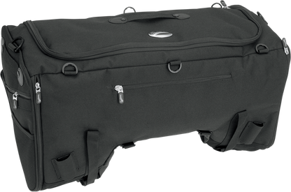 Saddlemens TS3200 Deluxe Sport Tail Bag mounted on motorcycle seat with straps and reflective accents, designed for travel and storage.