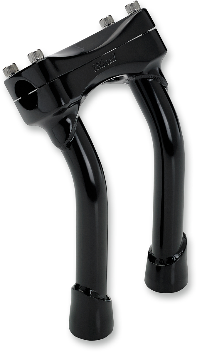 Black BILTWELL Murdock risers with 8-inch pullback handlebars for motorcycle handlebar upgrade.