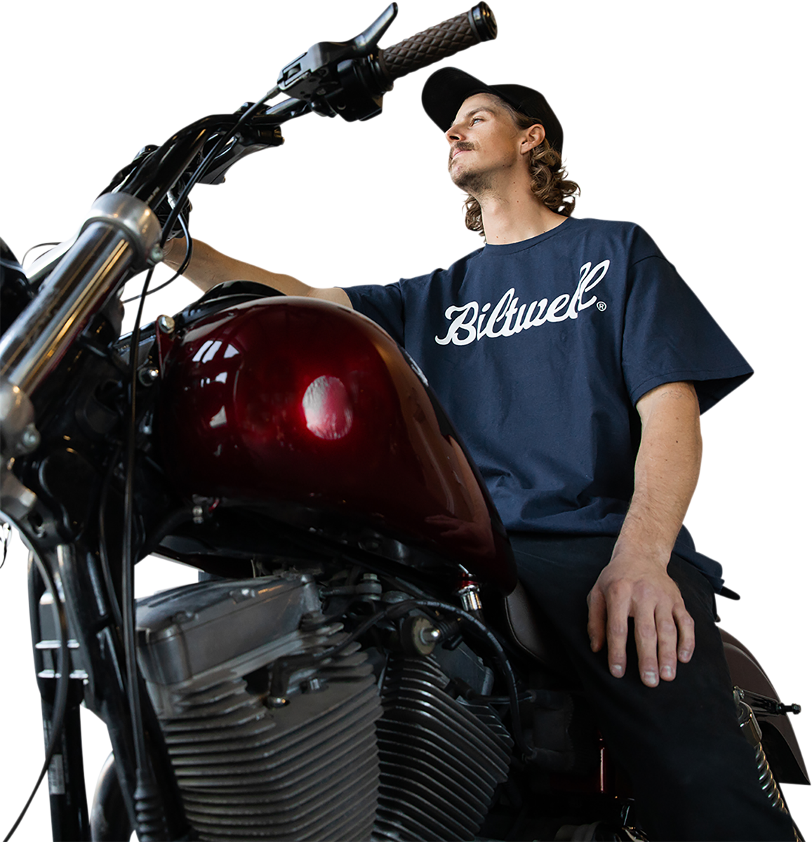 Navy BILTWELL Script T-Shirt in Medium with logo print, casual cotton tee from Bill's Exhausts, front view image.