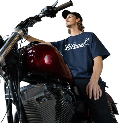 Navy BILTWELL Script T-Shirt in Medium with logo print, casual cotton tee from Bill's Exhausts, front view image.