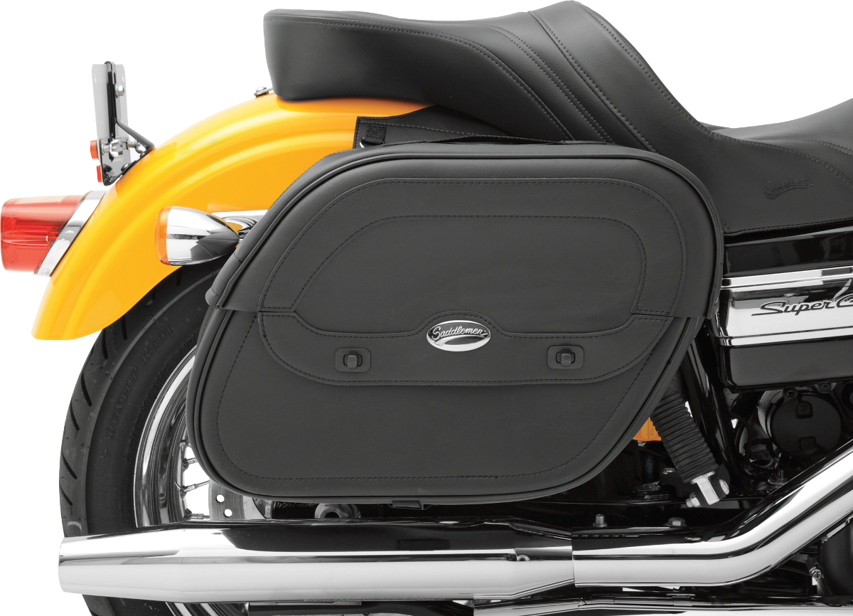 Bill's Exhausts SADDLEMEN Cruis'n Saddlebags with shock cut-out for motorcycle seats, featuring durable leather design.