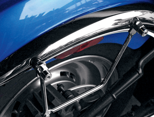 Chrome Saddlemens Metric Saddlebag Support for seats, designed for motorcycle with sturdy metal construction and mounting brackets.