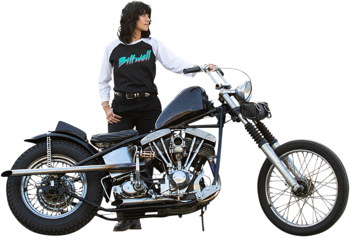 Bill's Exhausts Women's 1985 Raglan T-Shirt in black and white, medium size, featuring a casual baseball-style design.