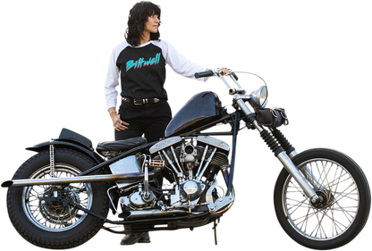 Bill's Exhausts Women's 1985 Raglan T-Shirt in black and white, medium size, featuring a casual baseball-style design.