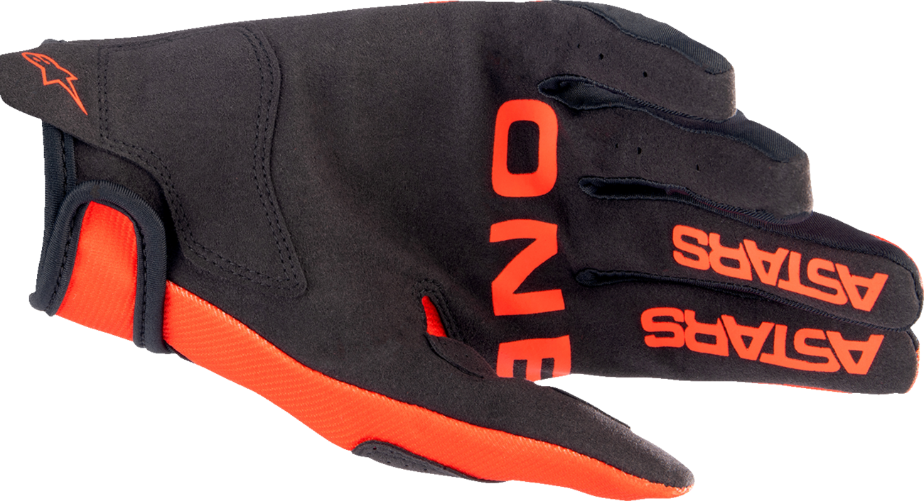 Alpinestars Radar Gloves in hot orange and black, medium size, featuring protective padding and breathable fabric, designed for motorcycle riding.