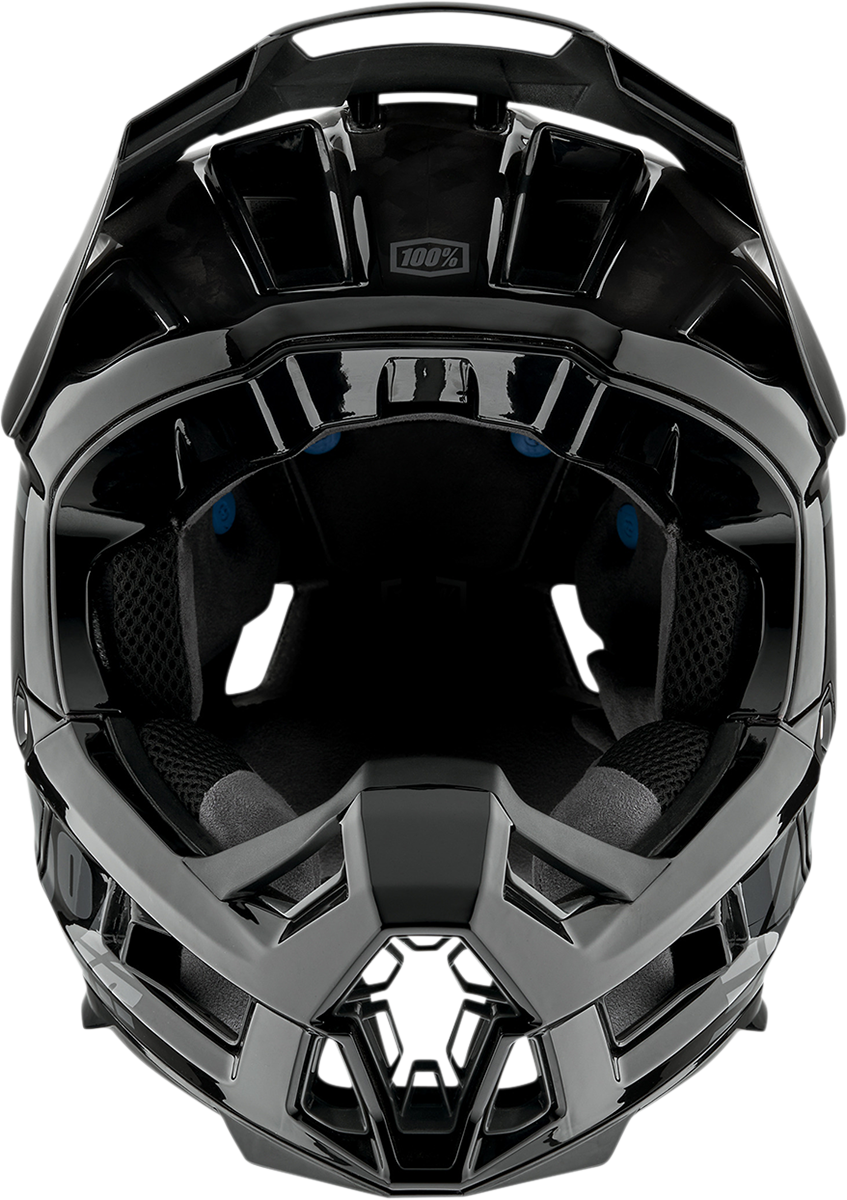 Black 100% Aircraft 2 bicycle helmet in large size with ventilation vents, designed for safety and style by Bill's Exhausts.