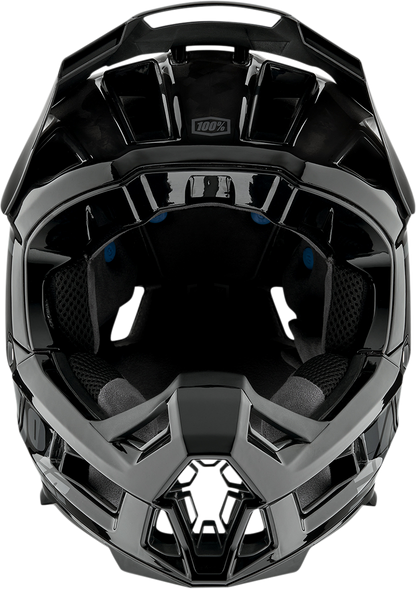 Black 100% Aircraft 2 bicycle helmet in large size with ventilation vents, designed for safety and style by Bill's Exhausts.