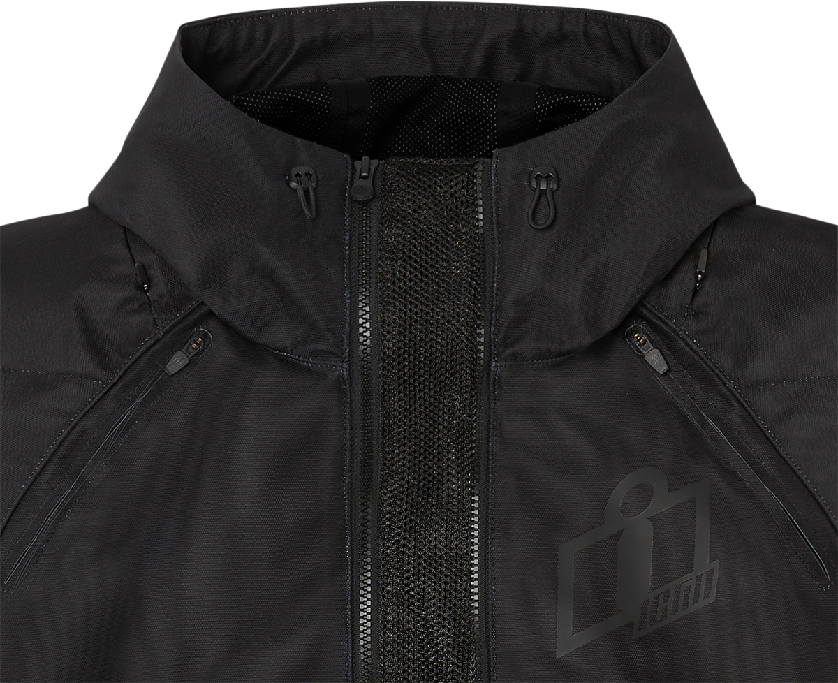 Black ICON Airform jacket by Bill's Exhausts, small size, showing the sleek, lightweight design with zipper and collar detail.