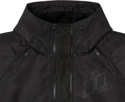 Black ICON Airform jacket by Bill's Exhausts, small size, showing the sleek, lightweight design with zipper and collar detail.