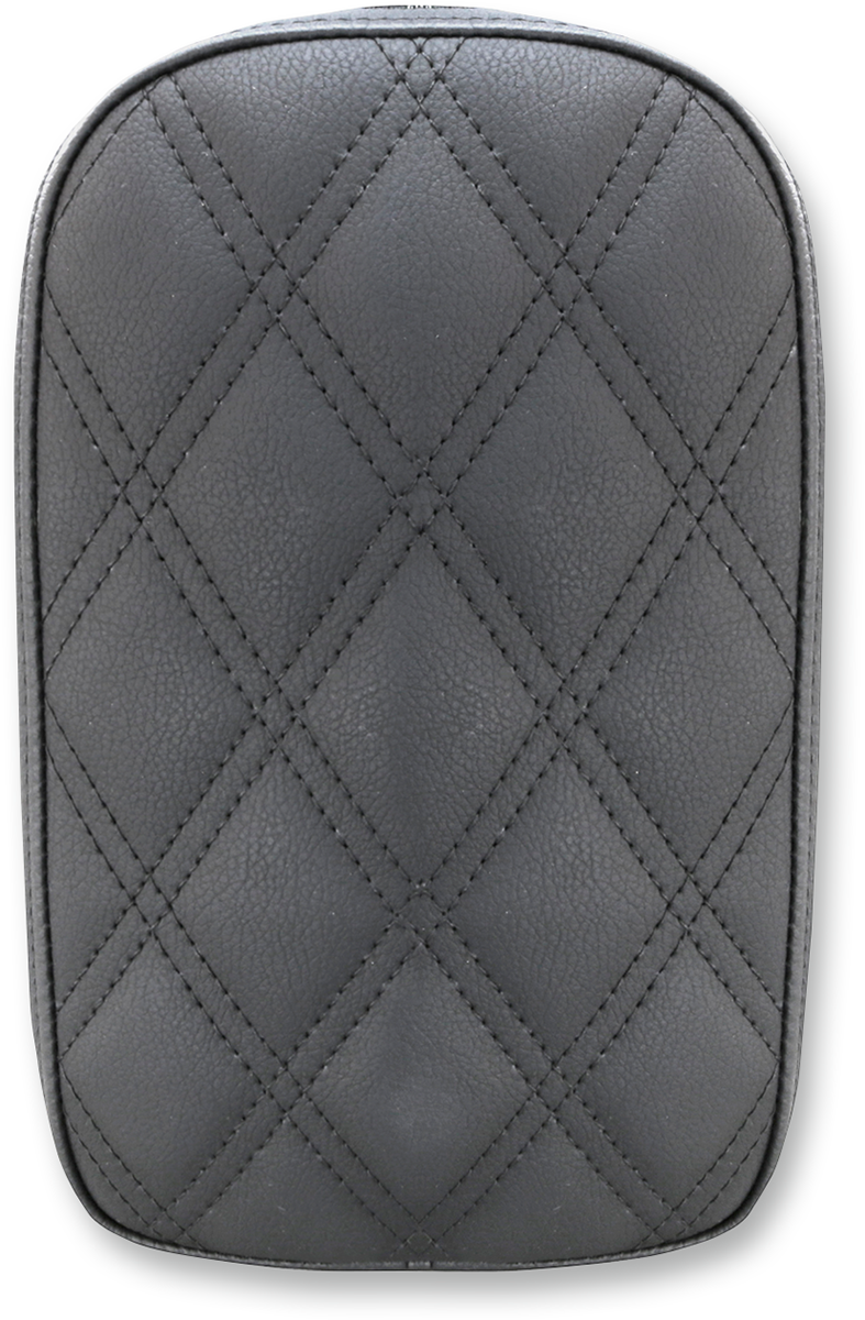 Black SADDLEMEN detachable pillion pad with lattice stitching, designed for motorcycle seats, featuring Bill's Exhausts branding.