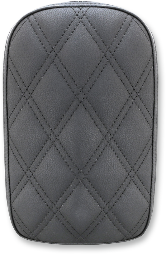Black SADDLEMEN detachable pillion pad with lattice stitching, designed for motorcycle seats, featuring Bill's Exhausts branding.