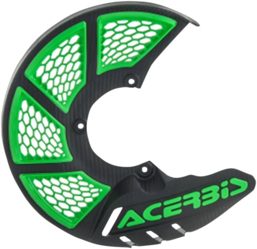Acerbis X-Brake disc cover in black and green on a motorcycle body, designed for protection and style.