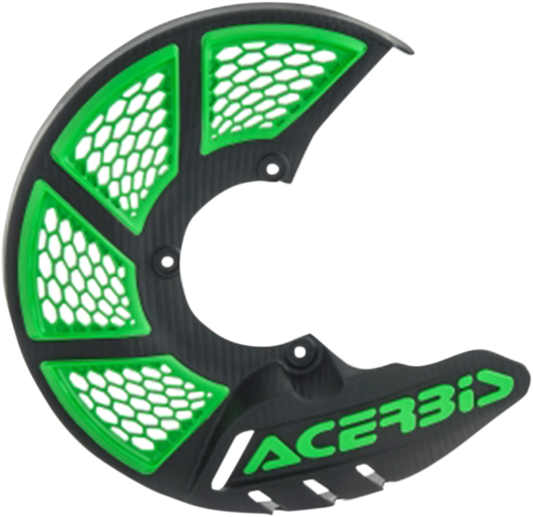Acerbis X-Brake disc cover in black and green on a motorcycle body, designed for protection and style.