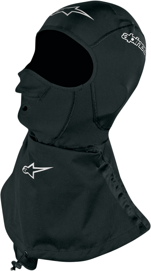 Alpinestars Winter Touring Balaclava designed for helmets, shown in black with snug fit and thermal material for cold weather riding.