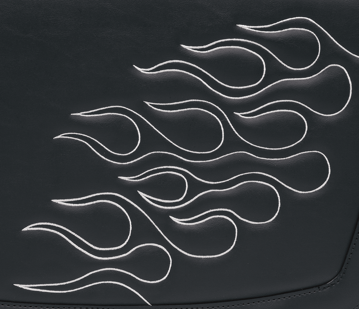 Large Silver SADDLEMEN Flame Saddlebag seat from Bill's Exhausts, designed for motorcycle seats with detailed flame pattern.