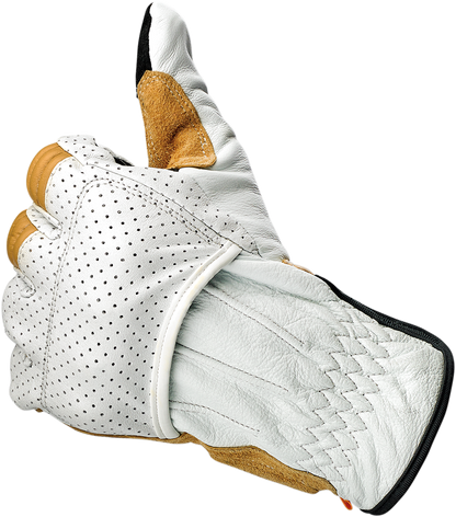 Biltwell Borrego Gloves in Cement color, medium size, featuring durable leather and protective knuckles for motorcycle riding.
