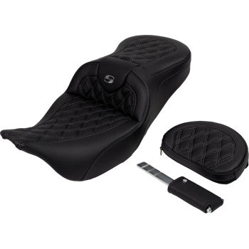 Dark gray SADDLEMEN Roadsofa™ seat with backrest and stitching for FL models 2008-2023, designed by Bill's Exhausts