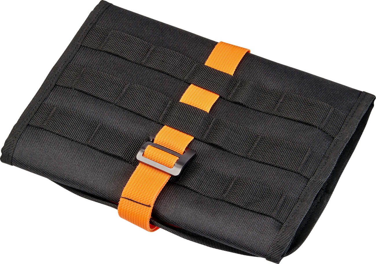 Black BILTWELL EXFIL-0 2.0 tool roll with multiple compartments, designed for easy motorcycle tool storage by Bill's Exhausts.
