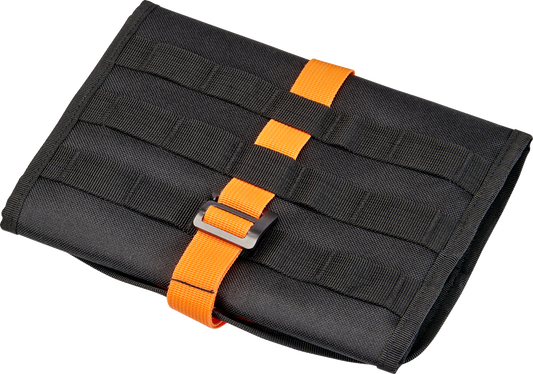 Black BILTWELL EXFIL-0 2.0 tool roll with multiple compartments, designed for easy motorcycle tool storage by Bill's Exhausts.